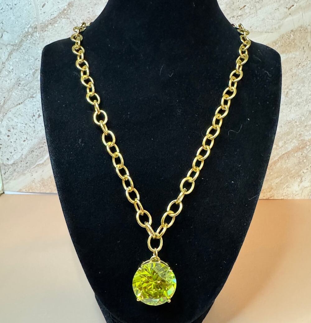 Vintage NOIR Chunky Gold Link Necklace Large Round Green Crystal Pendant